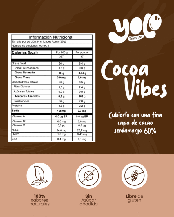Cocoa Vibes | Snack saludable de arroz y frijol, chocolate saludable con cacao oscuro al 60% sin azúcar - Imagen 3