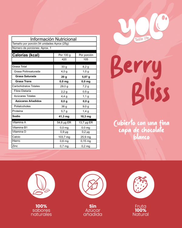Berry Bliss | Chocolate saludable relleno de arroz y frijol, cubierto de chocolate blanco y frutos rojos en un dulce sin azúcar - Imagen 3