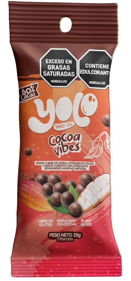 Snack YOLO cubierto con una fina capa de cacao semiamargo 60%"